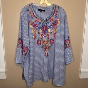 Calessa Embroidered Blue Striped Tunic Size 3X